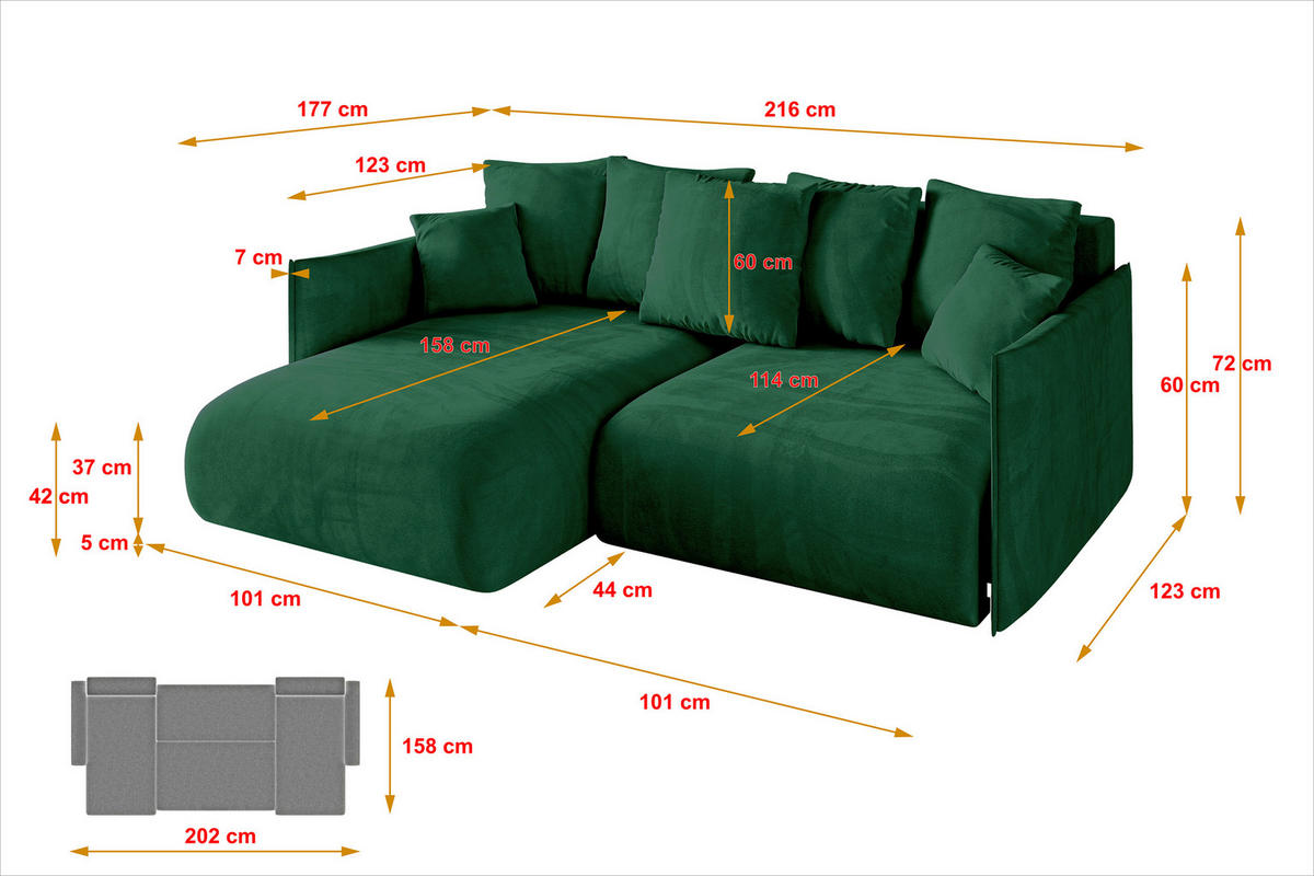 ECKSOFA Ottomane links ONESK-L 216x177x72 Grün Velours - Grün, Holzwerkstoff/Kunststoff (216/177cm) - ALTDECOR