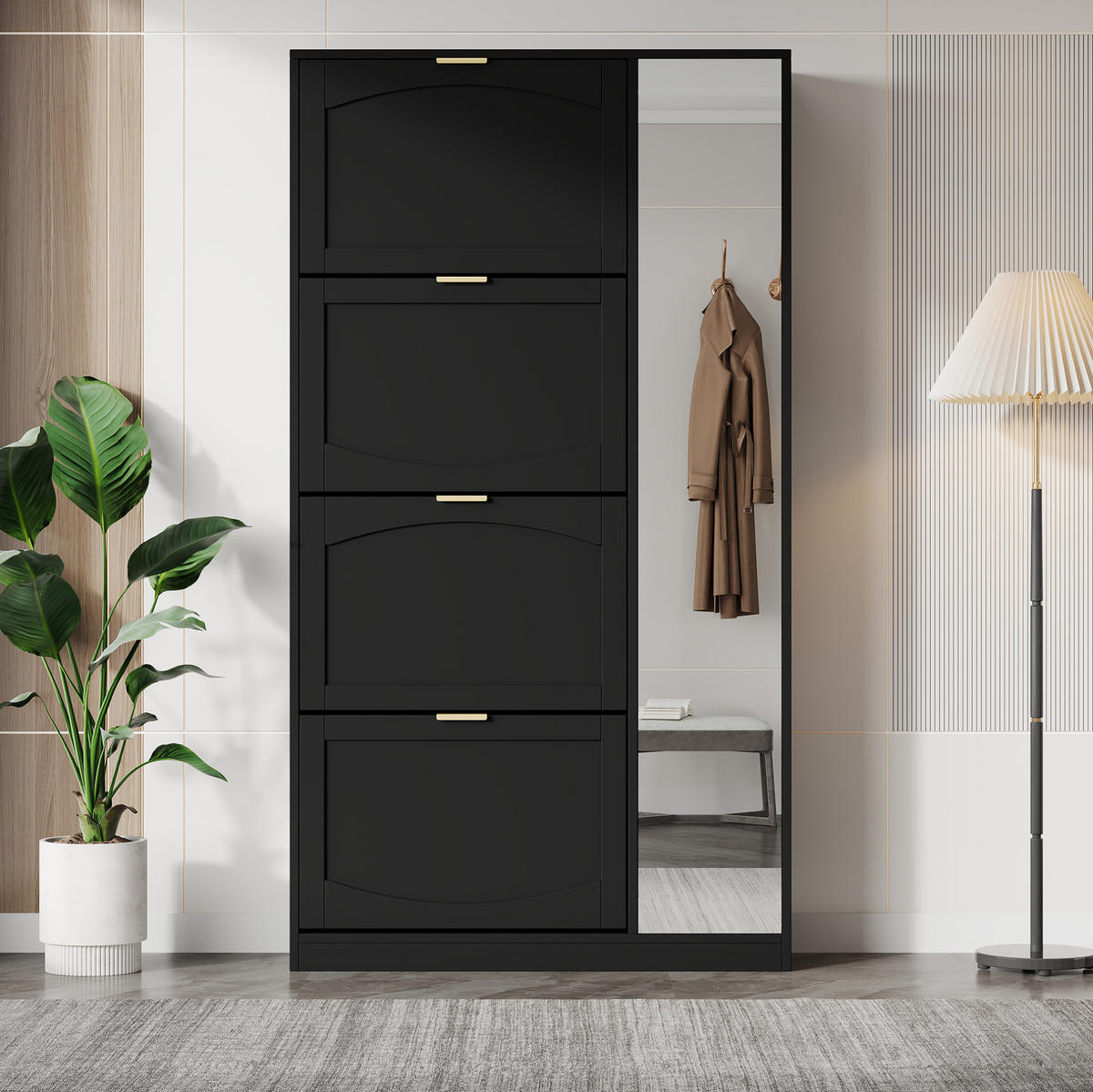 SCHUHSCHRANK mit Spiegel 80x147x24 cm Schwarz - Schwarz, Holzwerkstoff (24/147/80cm) - Beauniv