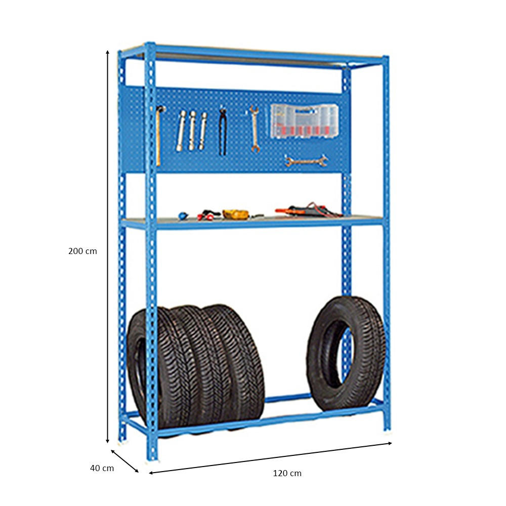 REIFENREGAL mit Arbeitsfläche Metal Shark NO.4 HxBxT 200 x 120 x 40 cm 6 Reifen Blau - Blau, Metall (120/200/40cm) - PROREGAL