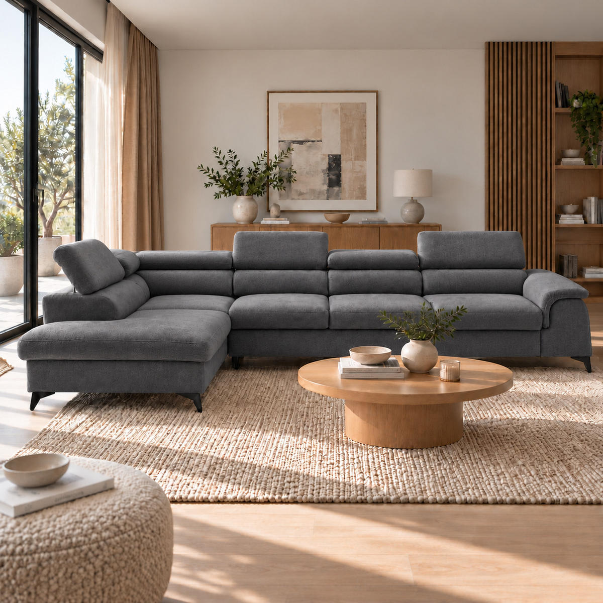 ECKSOFA PLAZA MAXI Links mit Schlaffunktion 127x195 Velours Dunkelgrau - Dunkelgrau/Schwarz, Holz/Textil (350/203cm) - Muffo