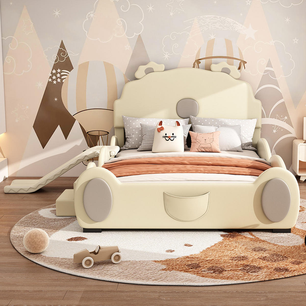 KINDERBETT 140/200 cm in PU mit Rutsche und Leiter - Beige, Holz/Textil (90/200cm) - KOMHTOM