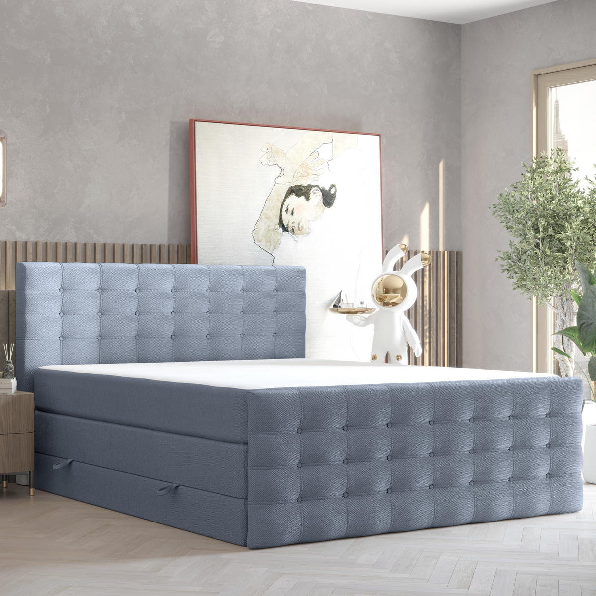 BOXSPRINGBETT Blend Blau Grau 120/200 cm mit Matratze - Blaugrau/Schwarz, Holz/Holzwerkstoff (120/200cm) - Maison de Reve