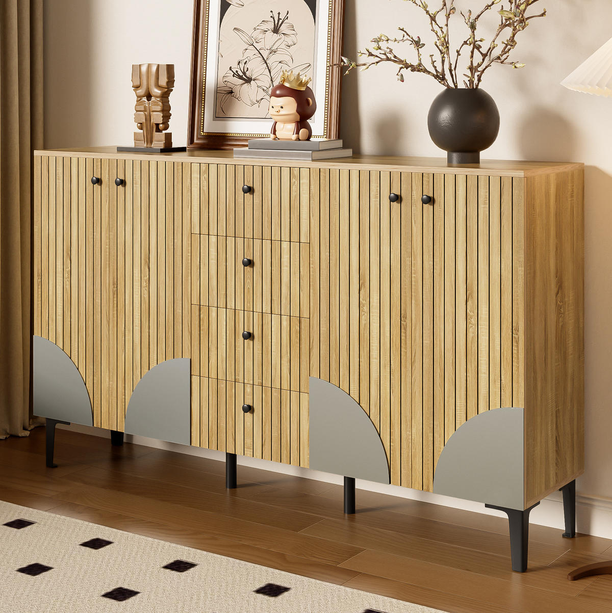 SIDEBOARD aus Holzwerkstoff 160x36x94 cm Holzfarbe mit 4 Türen und 4 Schubladen, vielseitiger Stauraum - Eichefarben, Holzwerkstoff (160/94/36cm) - Modfu
