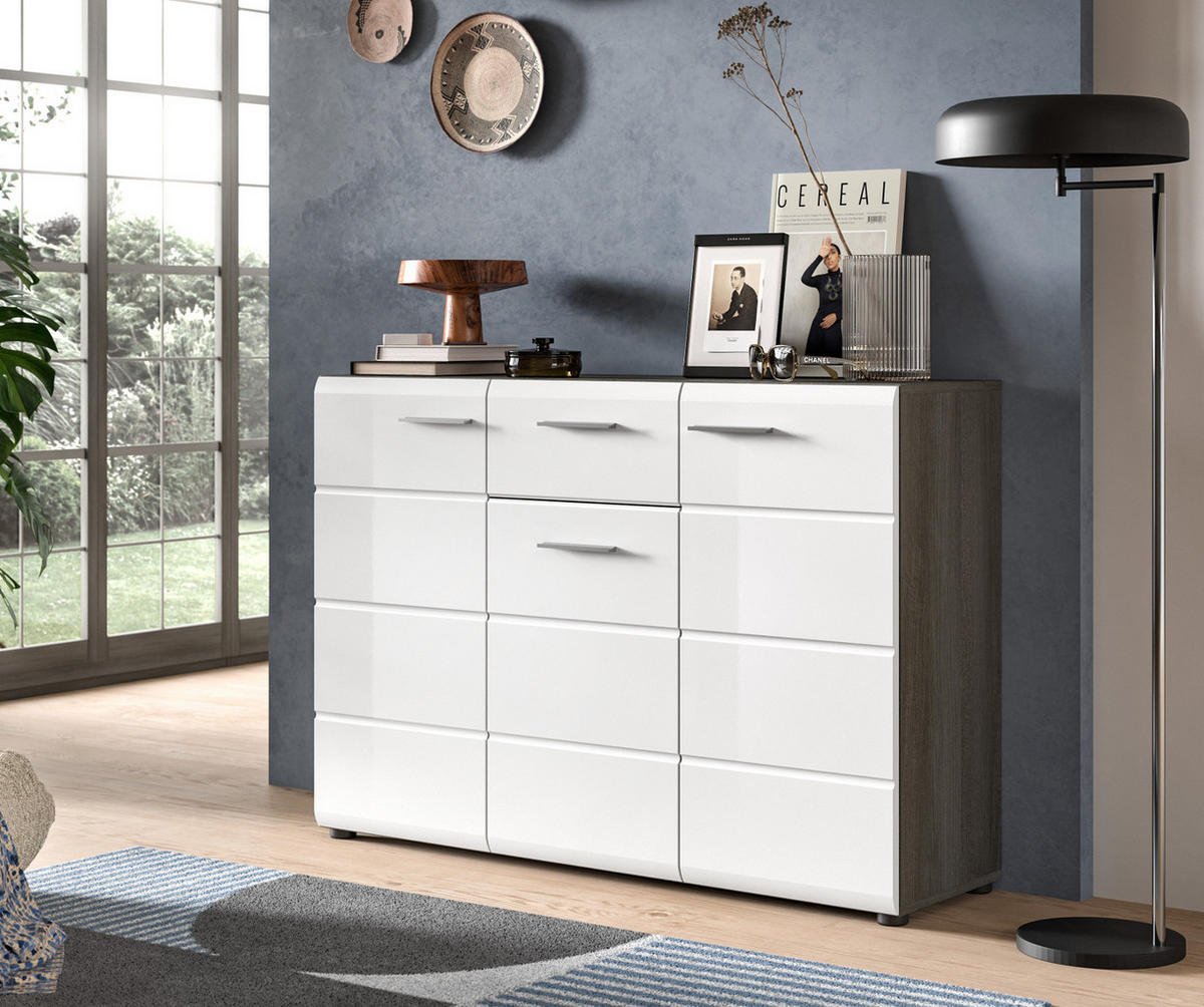SIDEBOARD weiß Hochglanz, grau 120 cm, Kommode viel Stauraum - Weiß Hochglanz/Silberfarben, Holzwerkstoff/Kunststoff (120/85/37cm) - Inn.Furn