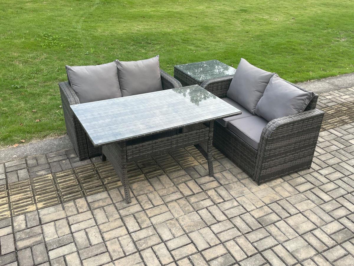 GARTENSET mit Zweisitzer,Esstisch Polyrattan 4-Sitzer - Dunkelgrau/Grau, Glas/Kunststoff - Fimous