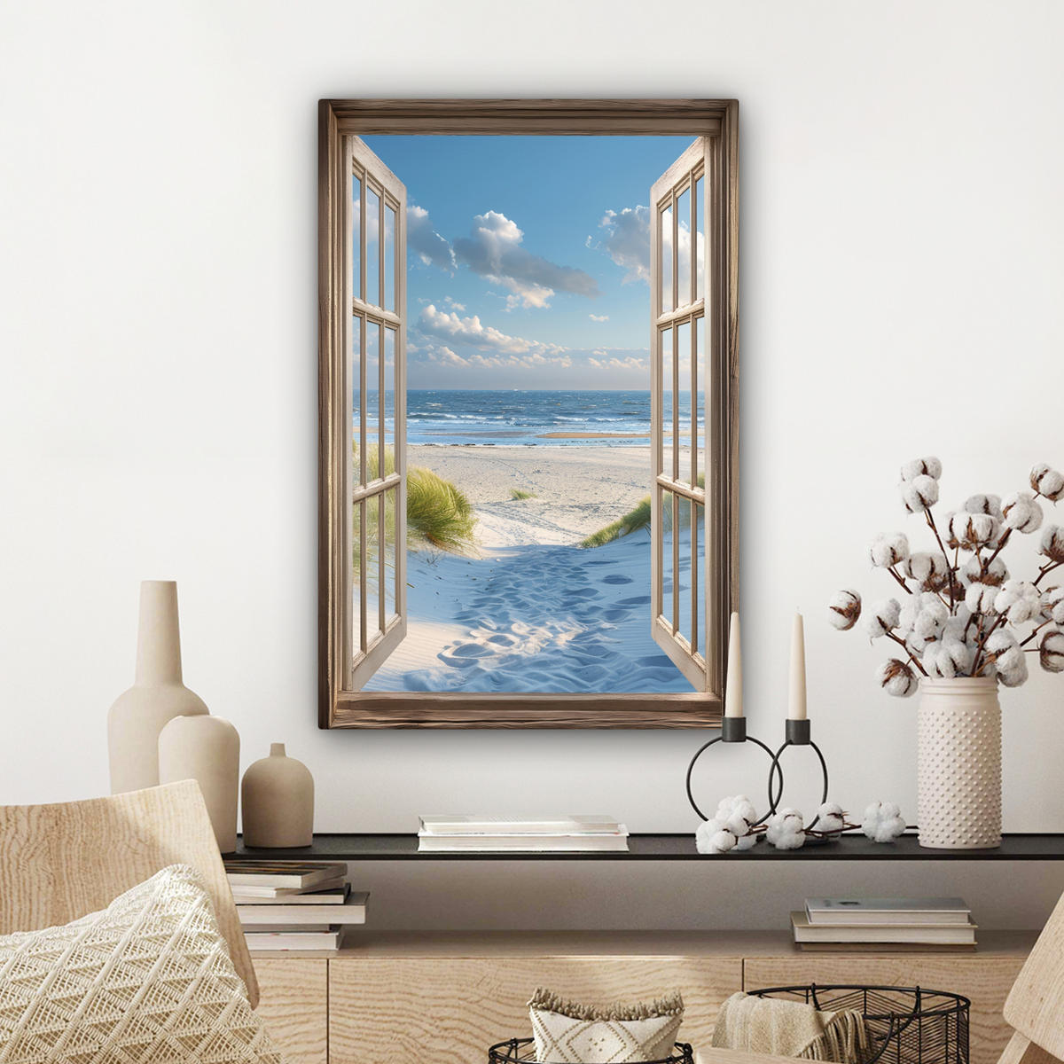 LEINWANDBILD Aussicht - Strand - Fenster - Dünen - Meer 60x90 cm - Hellblau, Textil (60/90cm) - MuchoWow