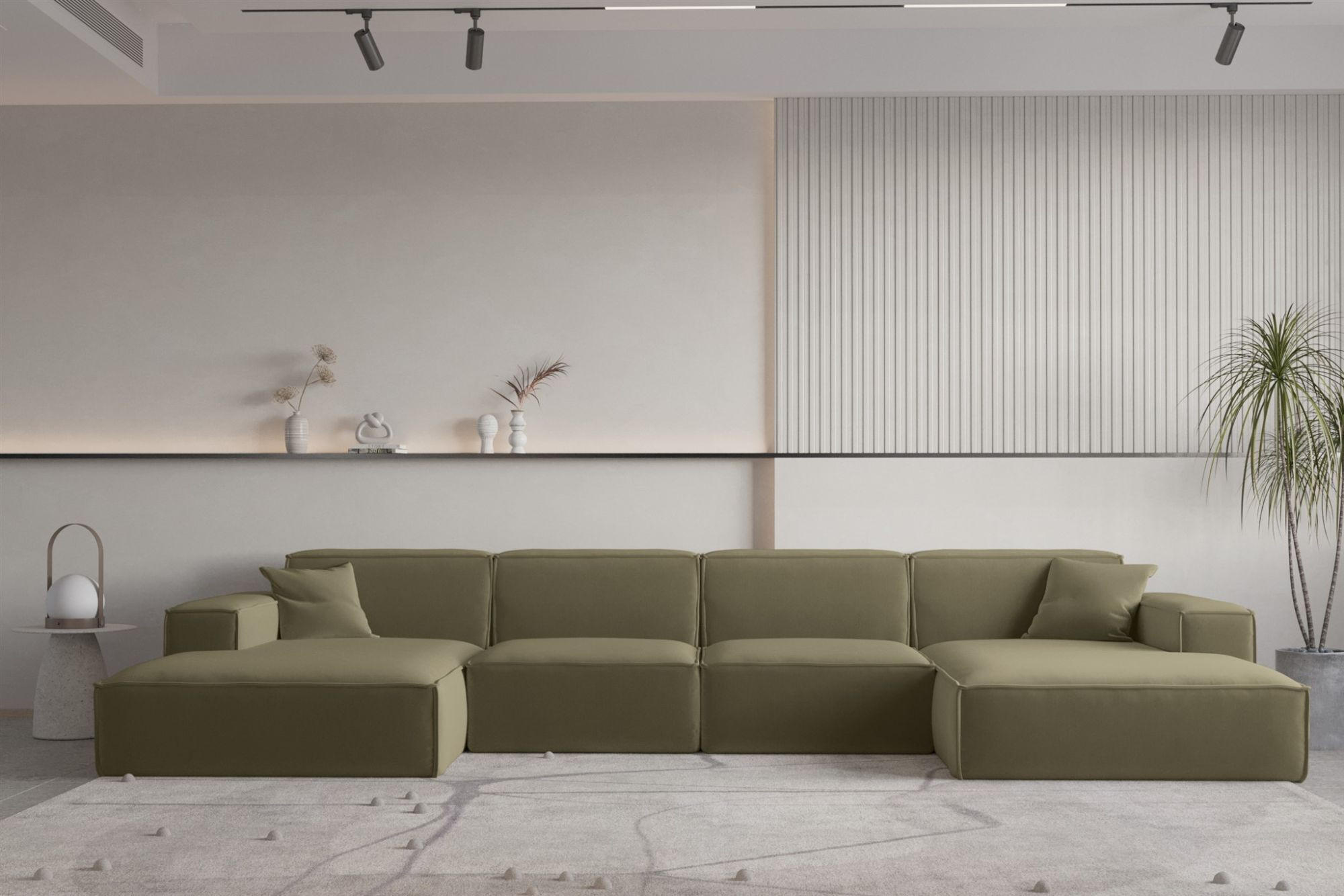 WOHNLANDSCHAFT Celes Premium Opera - Olivgrün, Holzwerkstoff/Textil (379/73/165cm) - Fun Möbel