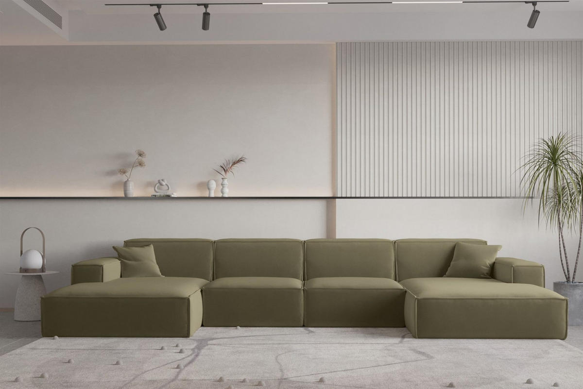 WOHNLANDSCHAFT Celes Premium Opera - Olivgrün, Holzwerkstoff/Textil (379/73/165cm) - Fun Möbel