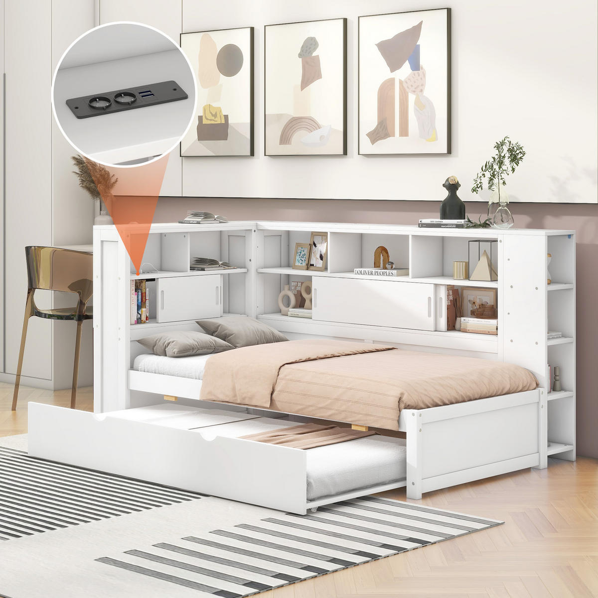 MULTIFUNKTIONSBETT 90/200 cm weiß mit Ausziehbett und USB-Ladeanschluss - Weiß, Holzwerkstoff (90/200cm) - OKWISH