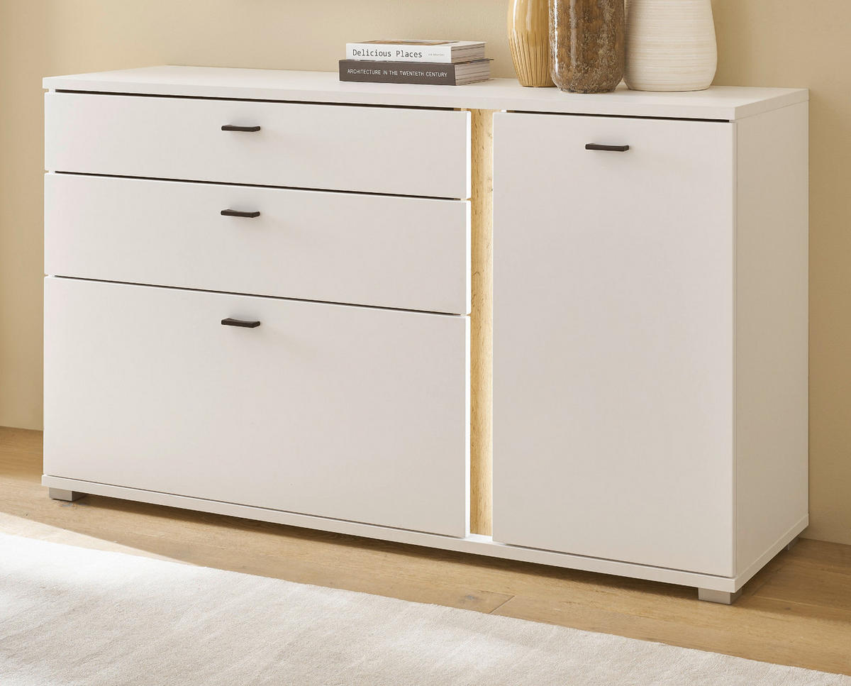 SIDEBOARD weiß matt, Eiche Wotan 150 cm, Kommode inklusive Frontbeleuchtung - Silberfarben/Eiche Wotan, Holzwerkstoff/Kunststoff (150/86/42cm) - Furn.Design
