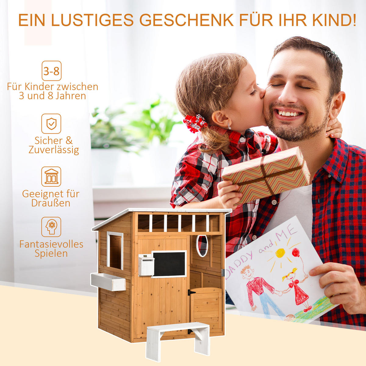 SPIELHAUS für Kinder Holz Kinderspielhaus mit Fenster Briefkasten Blumentopfrack - Naturfarben, Holz (108/135.5/122cm) - Outsunny
