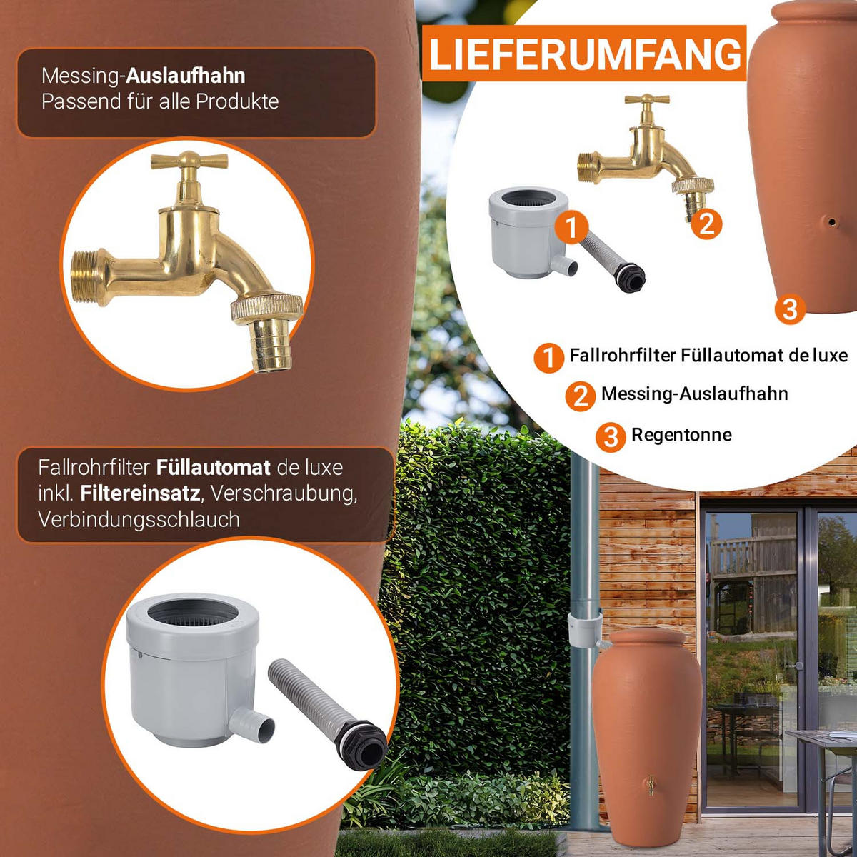 AMPHORE Komplett-Set 300 L, kotta inkl. Messing-Auslaufhahn und Fallrohranschluss - Terracotta, Kunststoff (68/129/80cm) - GARANTIA