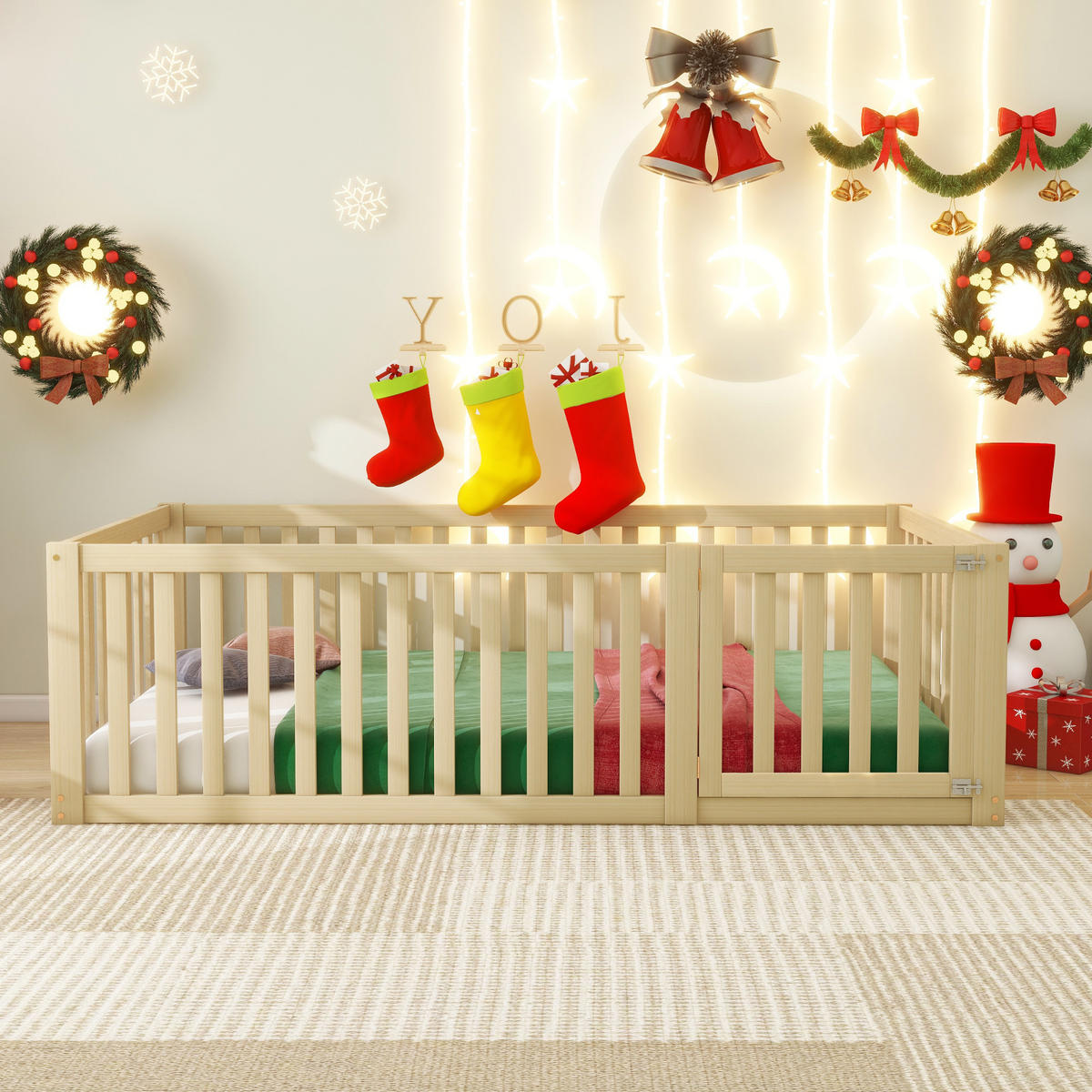 KINDERBETT 90/200 cm Natur mit Zaun und Tür aus massivem Kiefernholz - Naturfarben, Holz (90/200cm) - OKWISH