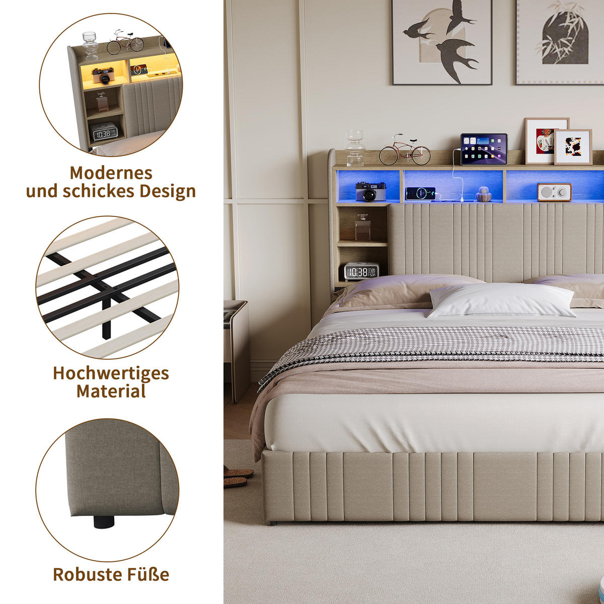 POLSTERBETT 160/200 cm Beige mit 4 Schubladen, LED-Kopfteil mit Ablage und USB - Beige, Metall (160/200cm) - EuroLiving