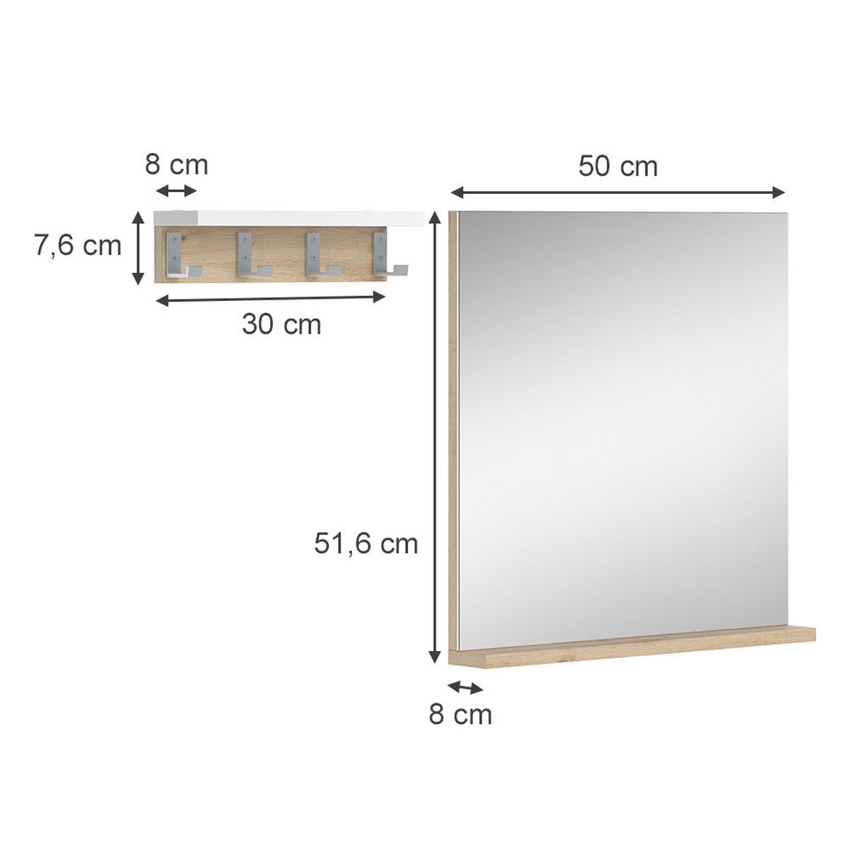 BADEZIMMERSPIEGEL Henri Weiß 50 x 51.6 cm mit Regal - Weiß/Eiche Artisan, Glas (50/51.6/8cm) - Vicco