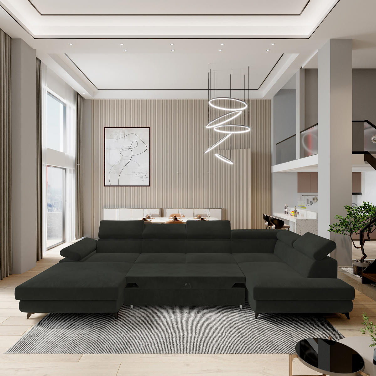 WOHNLANDSCHAFT RUBANO R-S Schwarz Velours-Stoff mit Schlaffunktion - Schwarz, Holz (339/89/190cm) - MASSENO