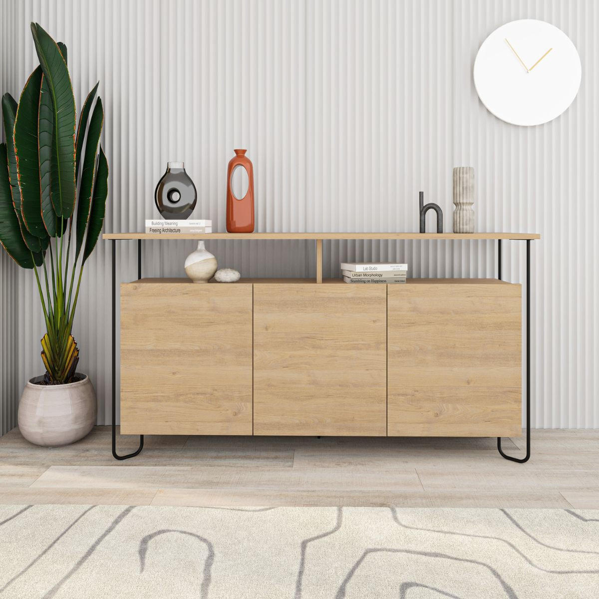 BUFFET 3 Türen und Metallfüße Dilly - L130 cm - Apfelbaumfarben, Holzwerkstoff (40/80/130cm) - Calicosy