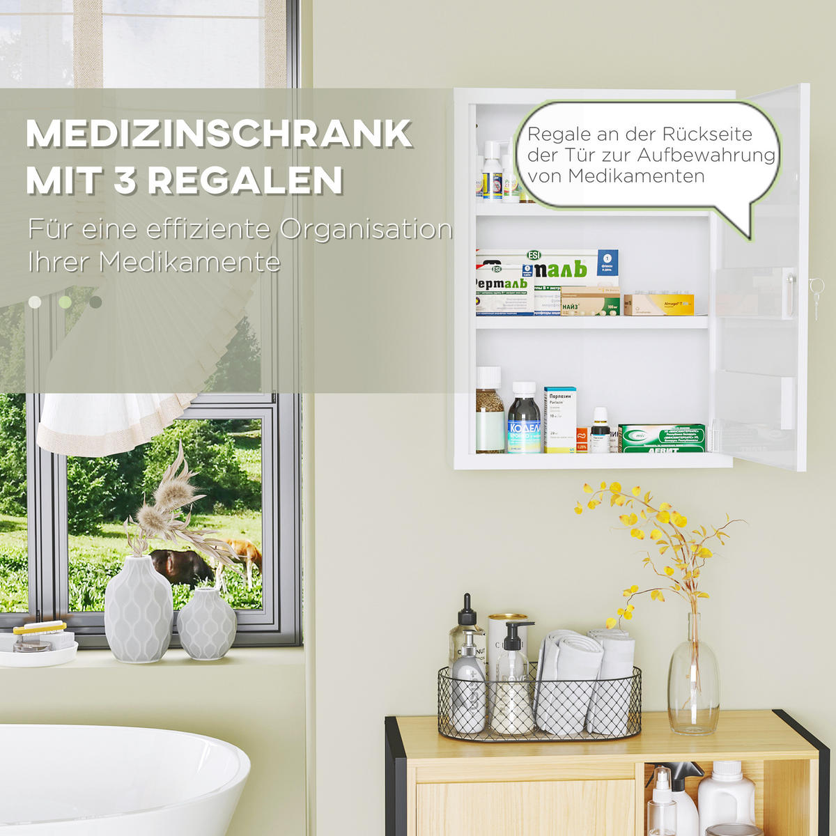 MEDIZINSCHRANK, Apothekerschrank, Medikamentenschrank für Wandmontage, Weiß - Weiß, Metall (15/53.5/40cm) - Kleankin