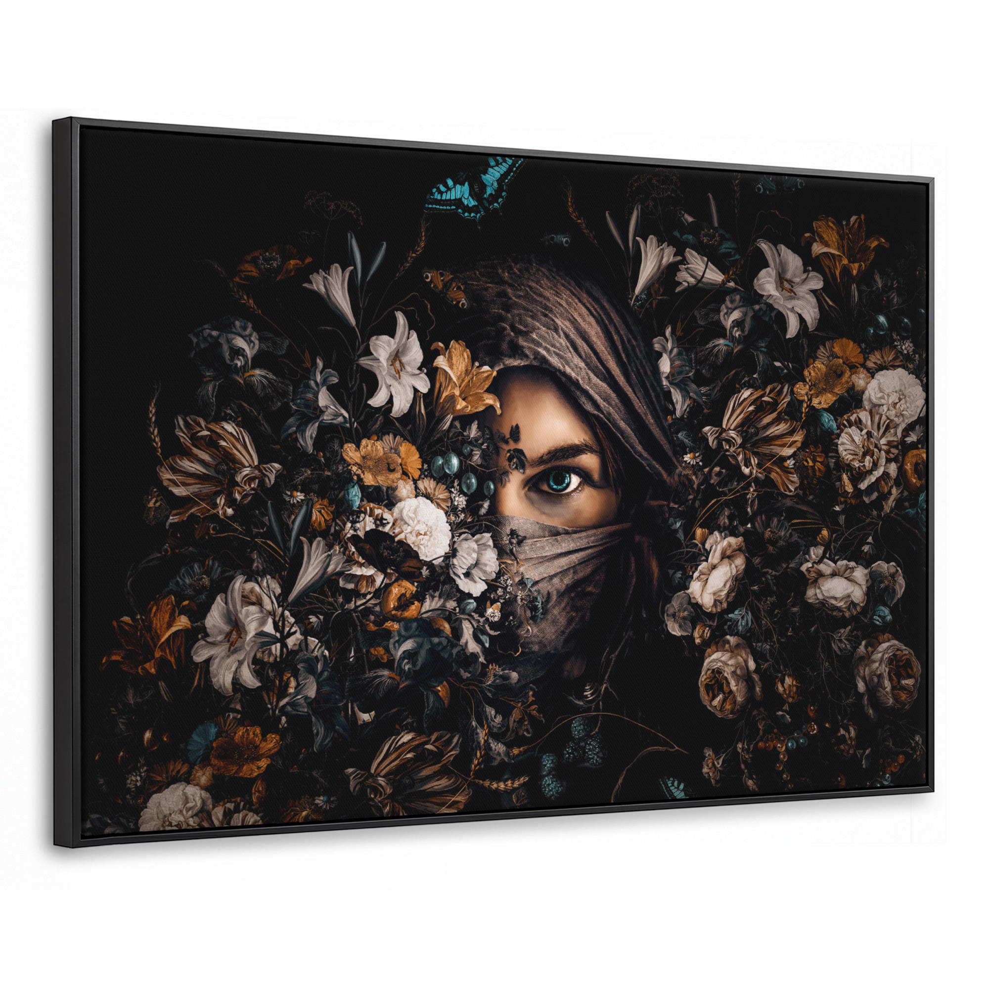 LEINWAND Bilder mit Rahmen - Frau - Luxus - Blumen - Schmetterling - Porträt - 150x100 - Schwarz, Textil (150/100cm) - MuchoWow