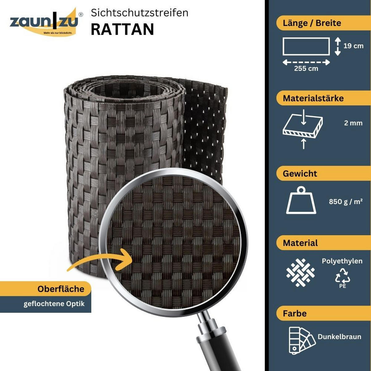 SICHTSCHUTZSTREIFEN Rattan Einzelstreifen für Doppelstabmatten Dunkelbraun 2,55m - Dunkelbraun, Kunststoff (255/19cm) - ZAUN|ZU