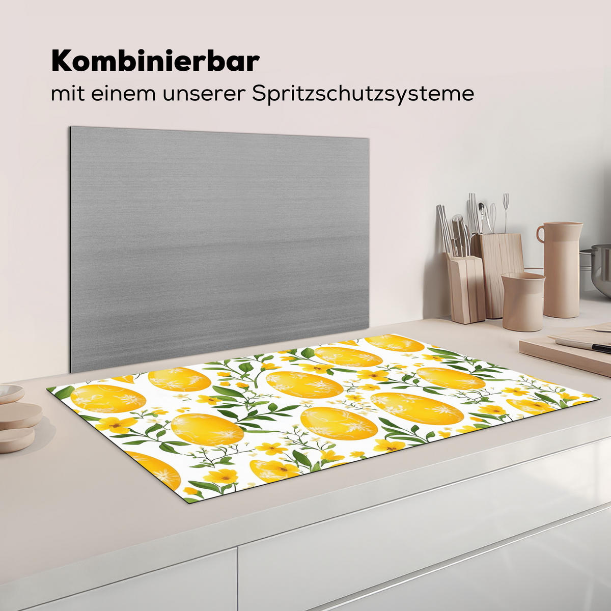 HERDABDECKPLATTE Blumen - Ostereier - Gelb Ceranfeldabdeckung 90x52 cm - Gelb, Kunststoff (90/52/0.2cm) - MuchoWow
