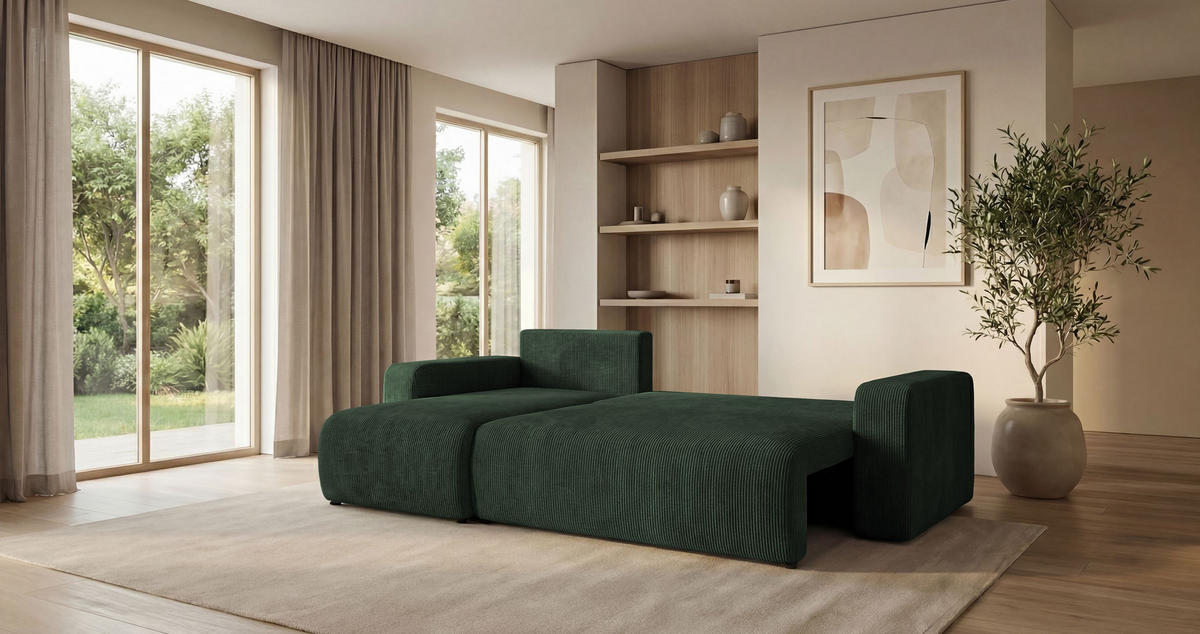 ECKSOFA PARIS links grün Cord Poso 14 - Schlaffunktion, Bettkasten - Grün, Textil (255/150cm) - Cornero