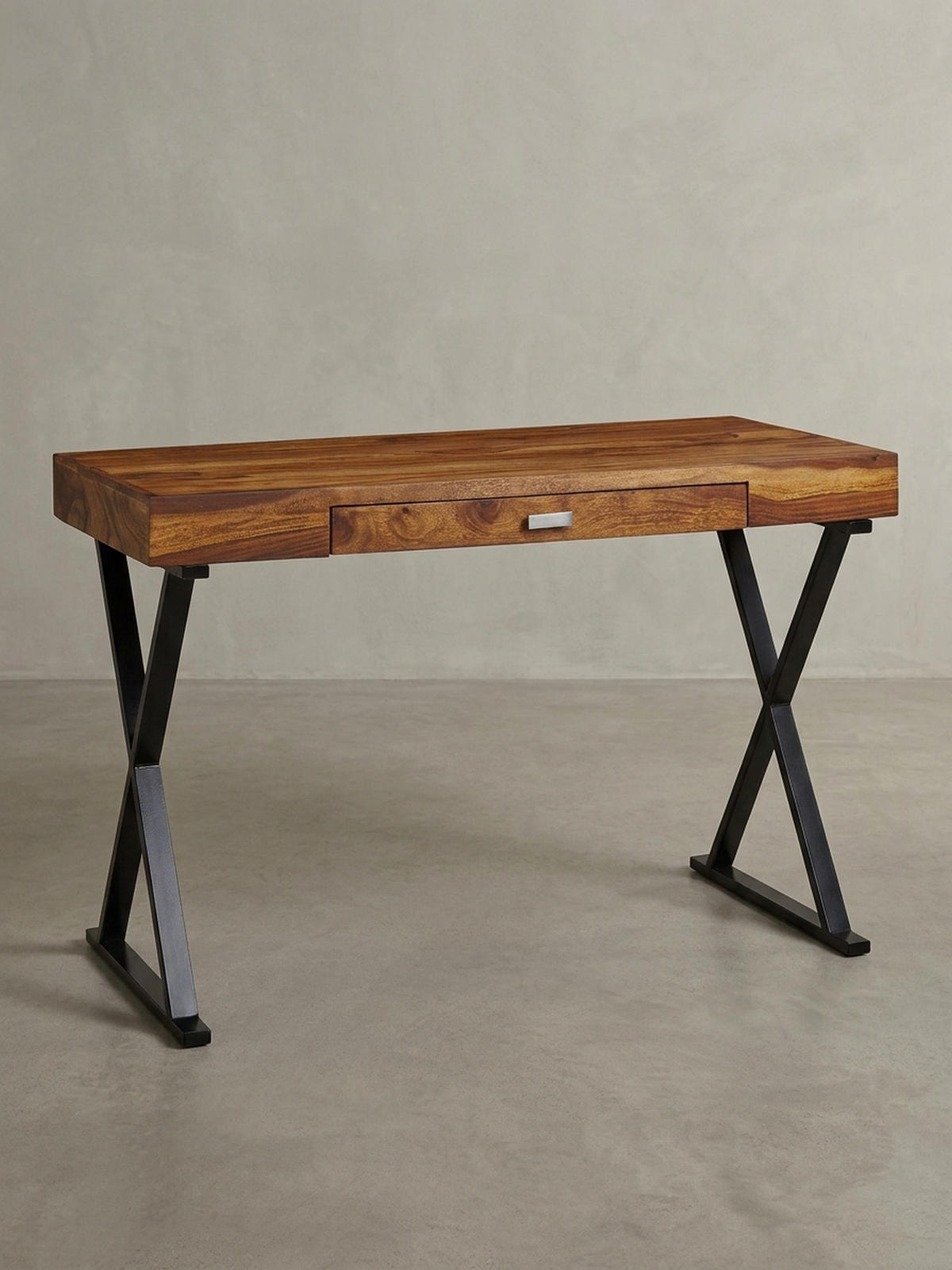 SCHREIBTISCH Massivholz X-Gestell Schublade, Schwarz 120x55x78 cm - Schwarz, Holz/Metall (55/120/78cm) - KADIMA DESIGN