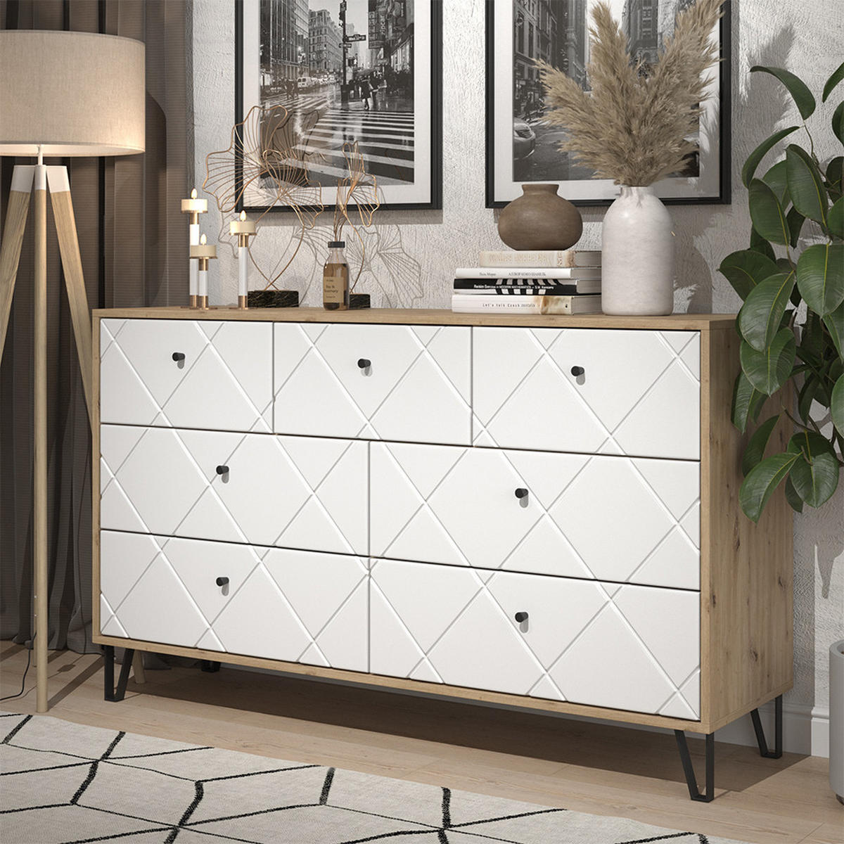 KOMMODE Nizza Artisan/Weiß 140.2 x 82.6 cm mit 7 Schubladen - Eiche Artisan/Weiß, Holzwerkstoff (140.2/82.6/40.1cm) - Vicco