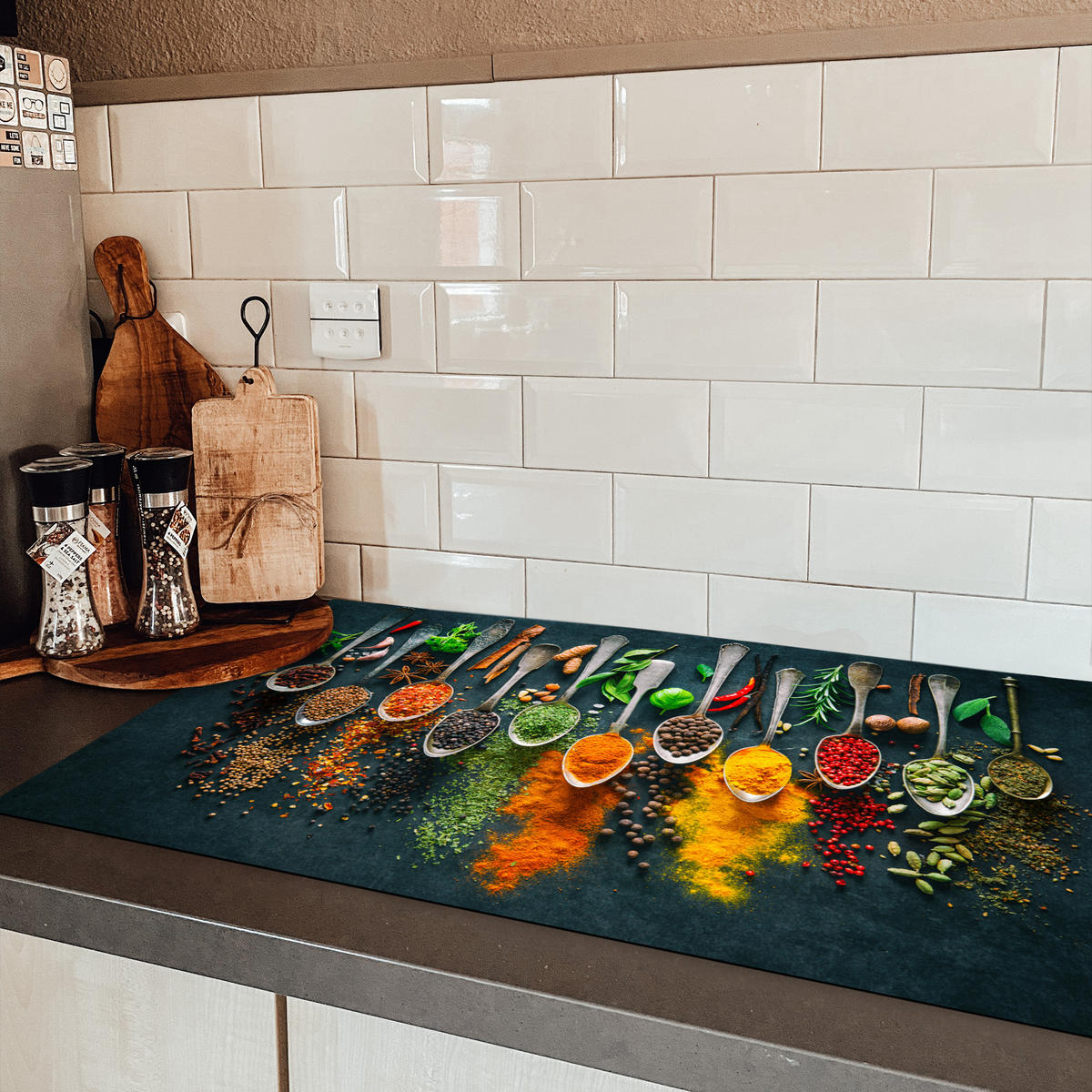 HERDABDECKPLATTE Kräuter - Gewürze - Löffel Induktionsschutz 91.2x52 cm - Multicolor, Kunststoff (91.2/52/0.2cm) - MuchoWow