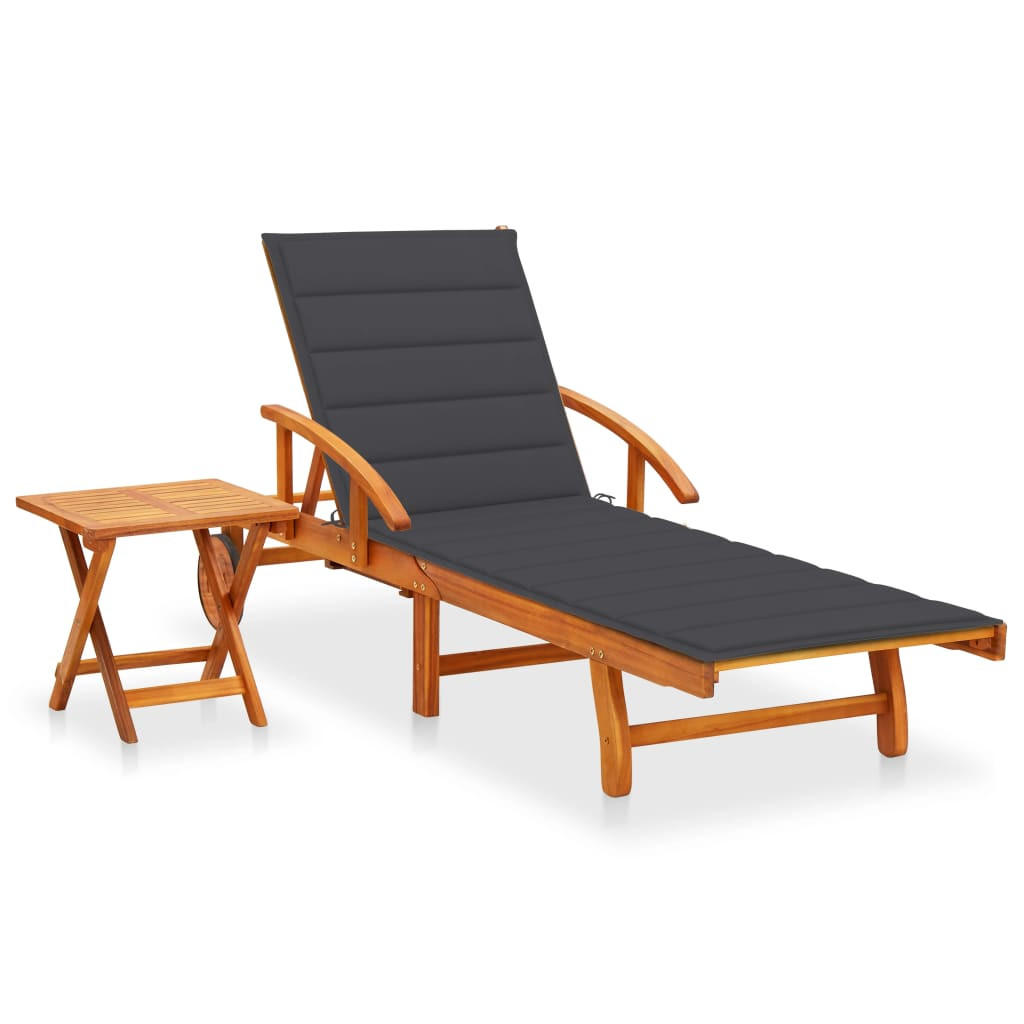 SONNENLIEGE mit Tisch und Auflage Akazie Massivholz - Anthrazit, Holz (67/85/200cm) - furnicato