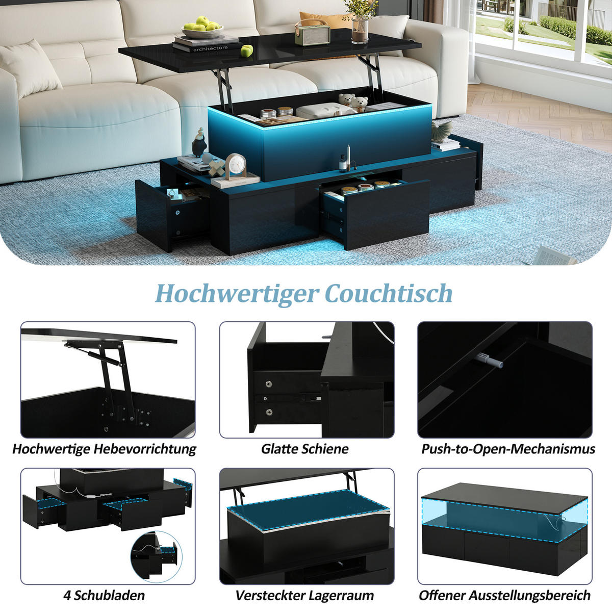 COUCHTISCH 100/50/40 cm mit Liftfunktion, LED, 4 Schubladen und verstecktem Stauraum, Schwarz - Eichefarben, Holzwerkstoff (100/50/40cm) - Modfu