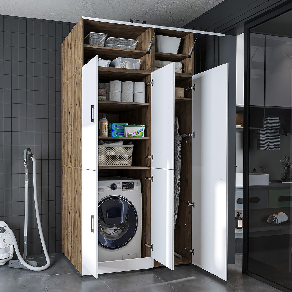 WASCHMASCHINENSCHRANK DORA-II 115cm Breit, 230cm Hoch - Eiche Bianco, Holzwerkstoff (115/230/73.8cm)
