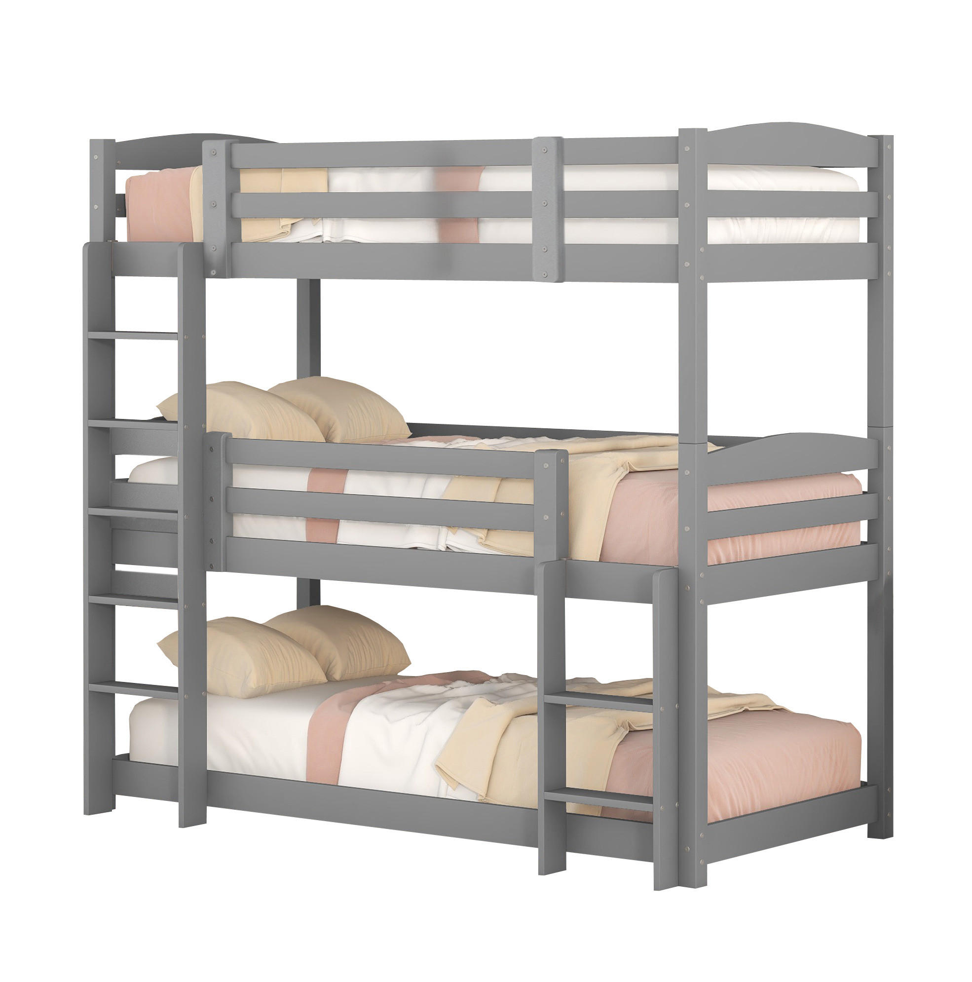 ETAGENBETT 90/200 cm aus Kiefernholz in Grau – 3 Schlafplätze, umbaubar - Grau, Holz - BEAOK