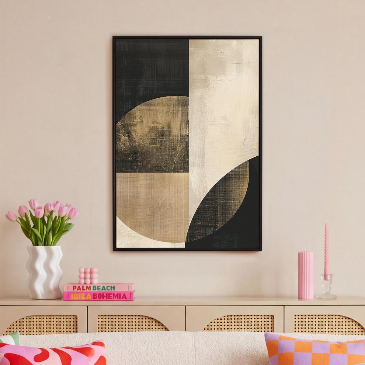 LEINWAND Bilder mit Rahmen - Abstrakt - Geometrische Formen - Schwarz - Gold - 60x90 - Ecru, Textil (60/90cm) - MuchoWow