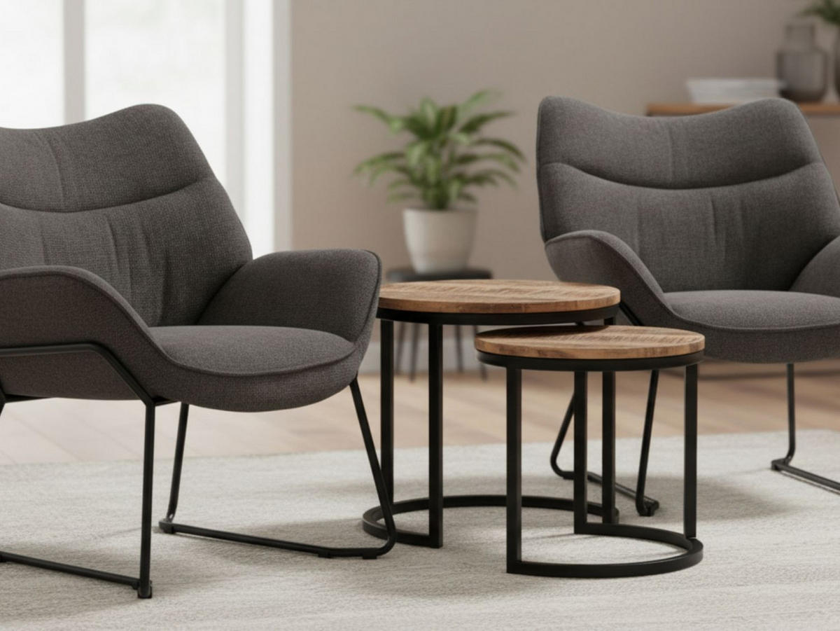 MÖBELSET Couchtisch Fermo, 2er Set Sessel Aliano dunkelgrau - Dunkelgrau/Schwarz, Holz/Textil (58/45/58cm) - bene living