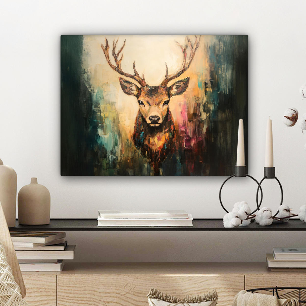 LEINWANDBILD Hirsch - Gemalt - Geweih - Braun 40x30 cm - Haselnussfarben, Textil (40/30cm) - MuchoWow