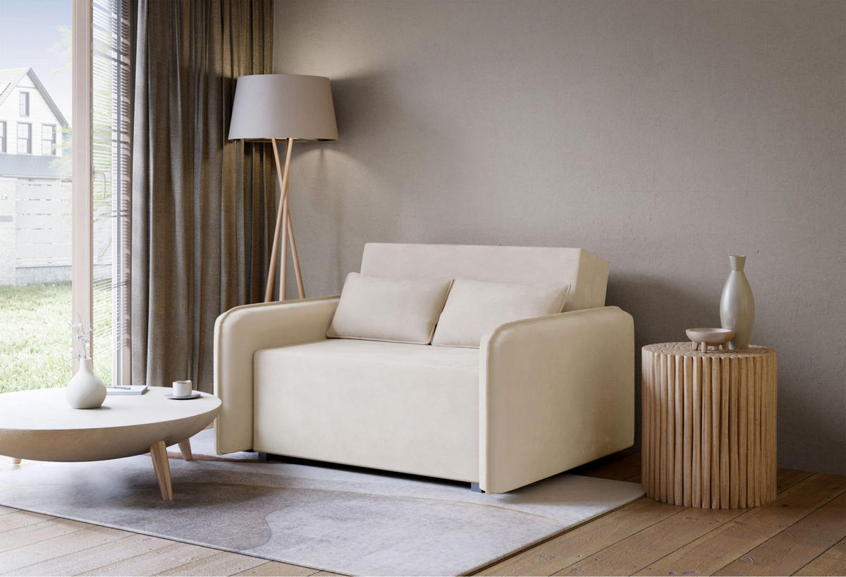 2-SITZER SCHLAFSOFA Duelia Hellbeige, hydrophobe Chenille - Ecru/Schwarz, Textil/Metall (144/85/124cm) - Selsey