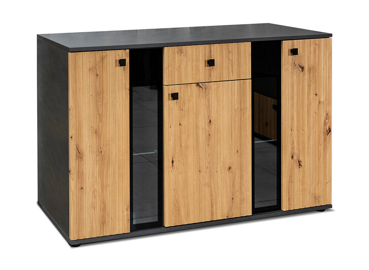 SIDEBOARD Formilo Grau Matera, Artisan Eiche 140,4/80/40,2 cm – Kommode mit Rillen - Hellbraun/Grau, Holzwerkstoff/Kunststoff (140/80/40cm) - AX Living
