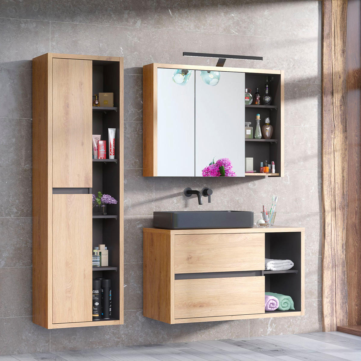 BADMÖBEL 100cm Rigel 2er-Set Holz und Anthrazit - Braun, Holzwerkstoff (100/60/45.5cm) - Petits-meubles