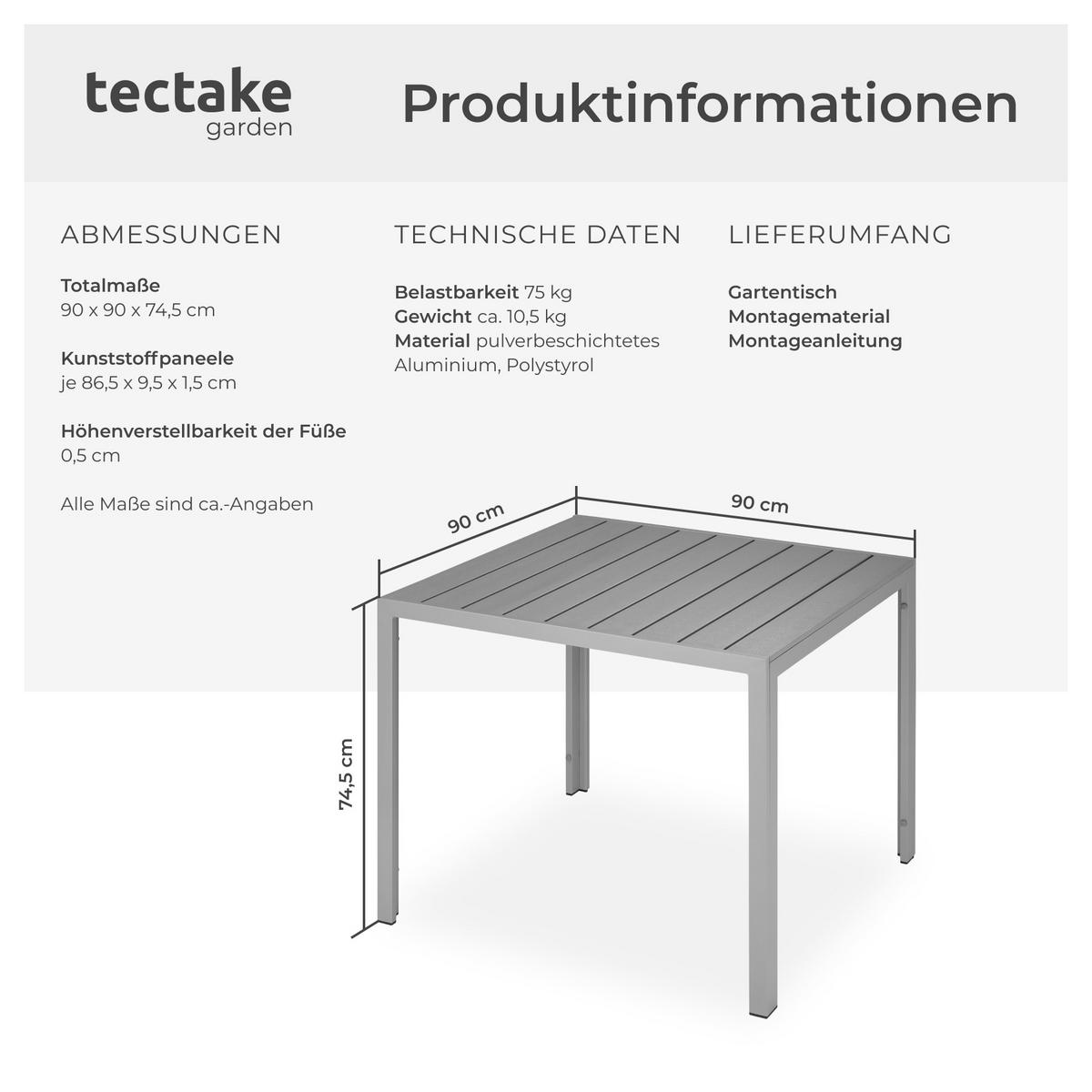 GARTENTISCH Maren,90 x 90 x 74,5 cm,silber - Silberfarben, Metall (90/90/74.5cm) - tectake