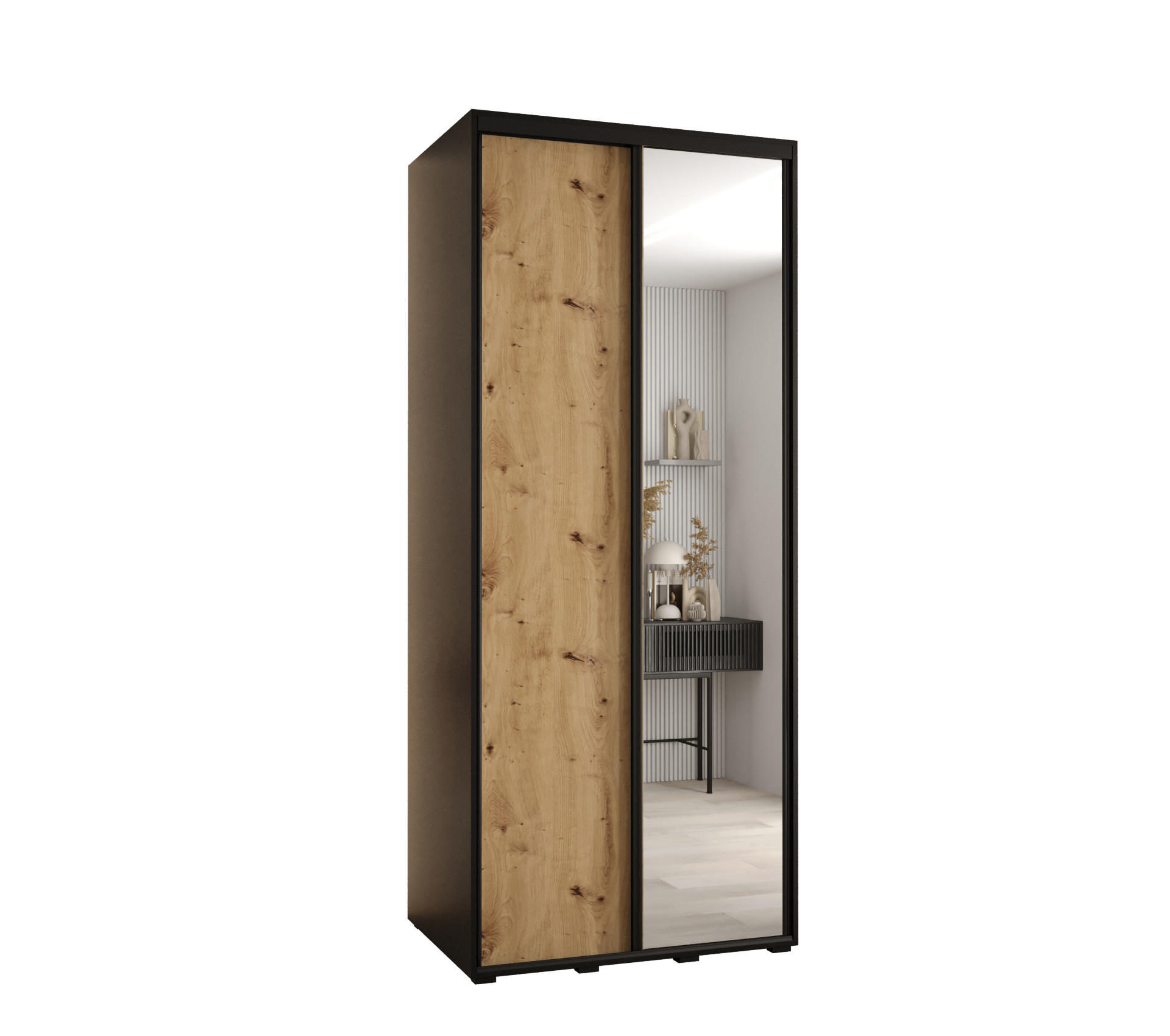 Abiks Möbel Schwebetürenschrank Schwarz, Eiche Artisan, Schwarz 100x235x60 cm