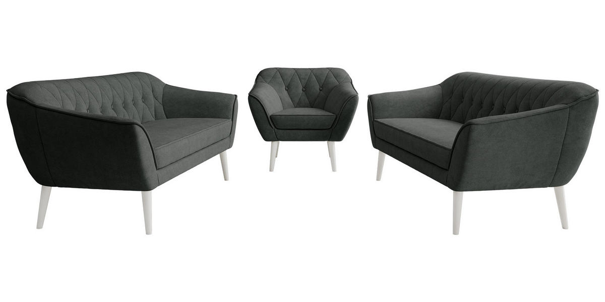 SEDACIA ZOSTAVA 3+3+1 PIRS - Tmavosivá Štruktúrovaná látka - Biele nohy - biela/grafitová, kompozitné drevo/textil (180/75/74cm) - MKS