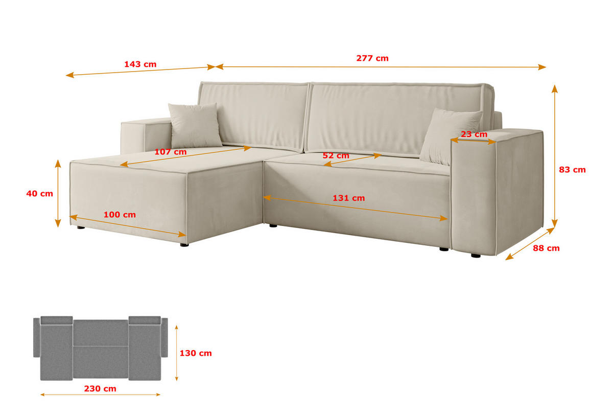 ECKSOFA mit Schlaffunktion und Bettkasten CELTIC-XL - 277x143x83 cm Beige Velours - Beige/Schwarz, Holzwerkstoff/Kunststoff (277/143cm) - ALTDECOR