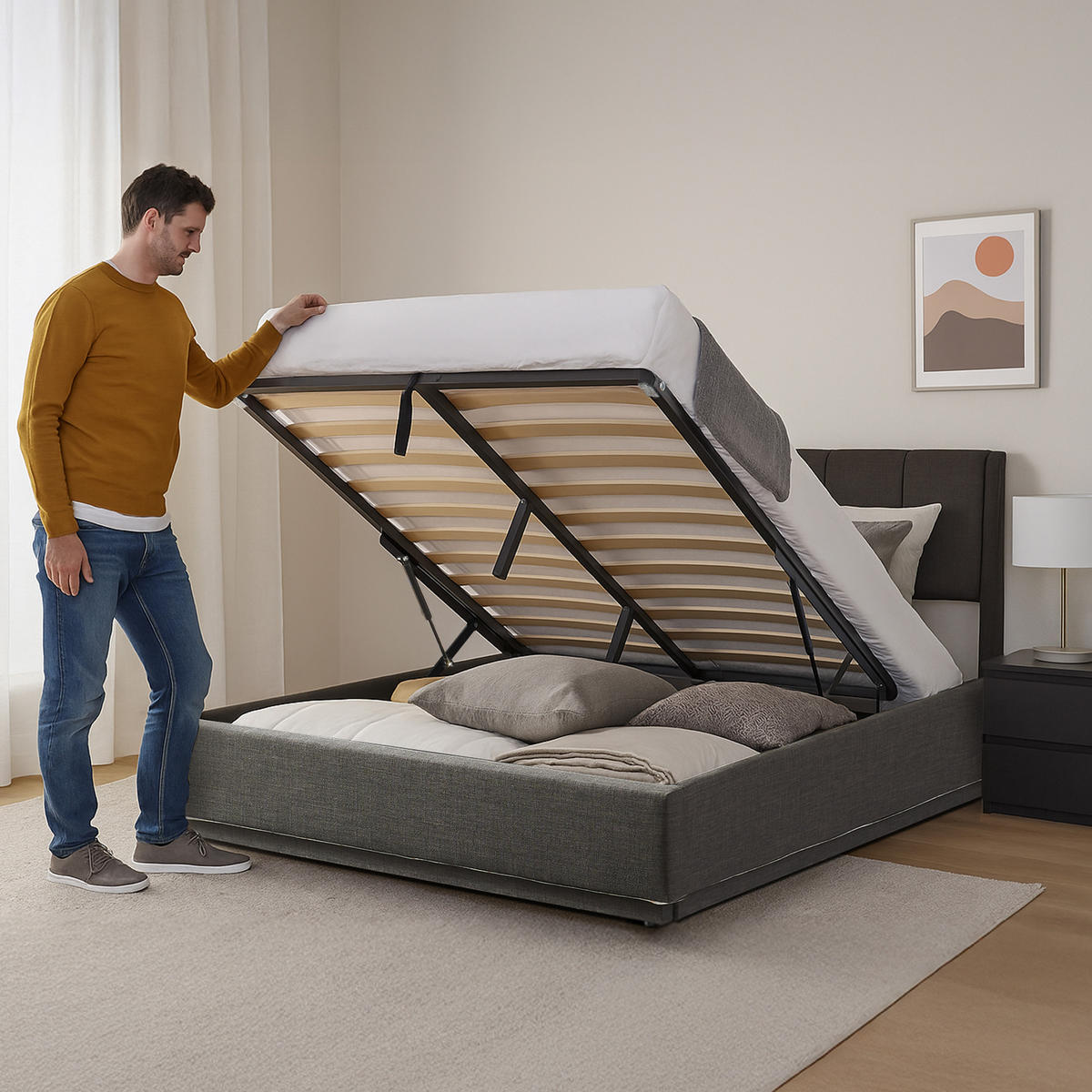 LED ČALOUNĚNÁ POSTEL Tröstiar - antracitová, kov/kompozitní dřevo (140/200cm) - [en.casa]