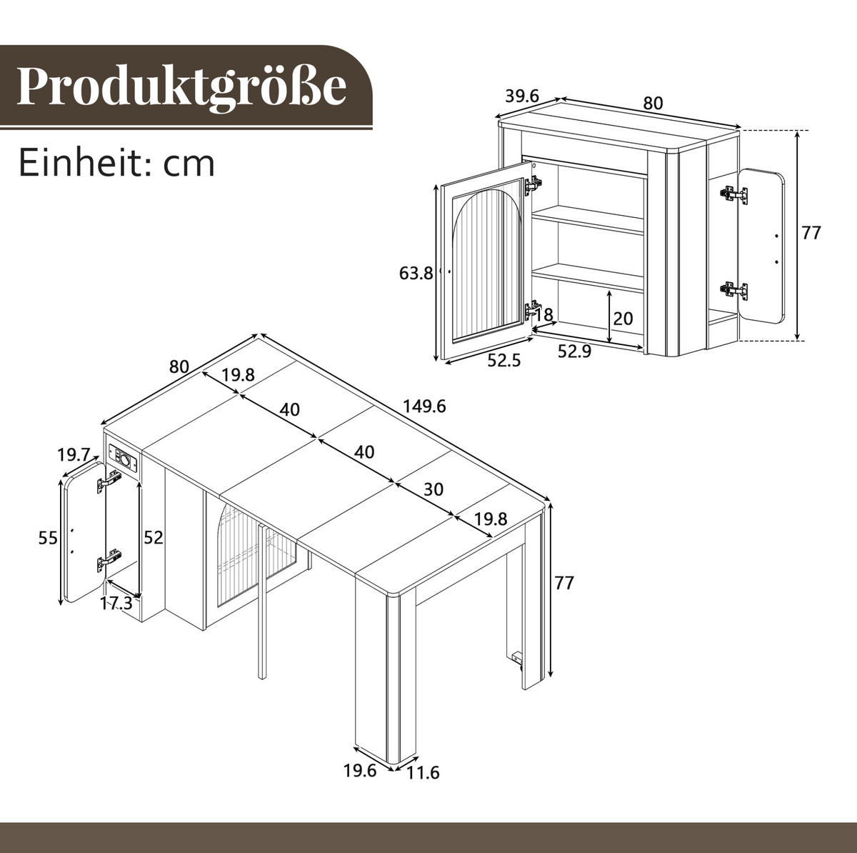 KÜCHENINSEL 83/39,6-149,6/77 cm weiß schwarz aus MDF mit Auszug Rollen LED und Steckdose - Schwarz, Holzwerkstoff (83/77/39.6cm) - OKWISH