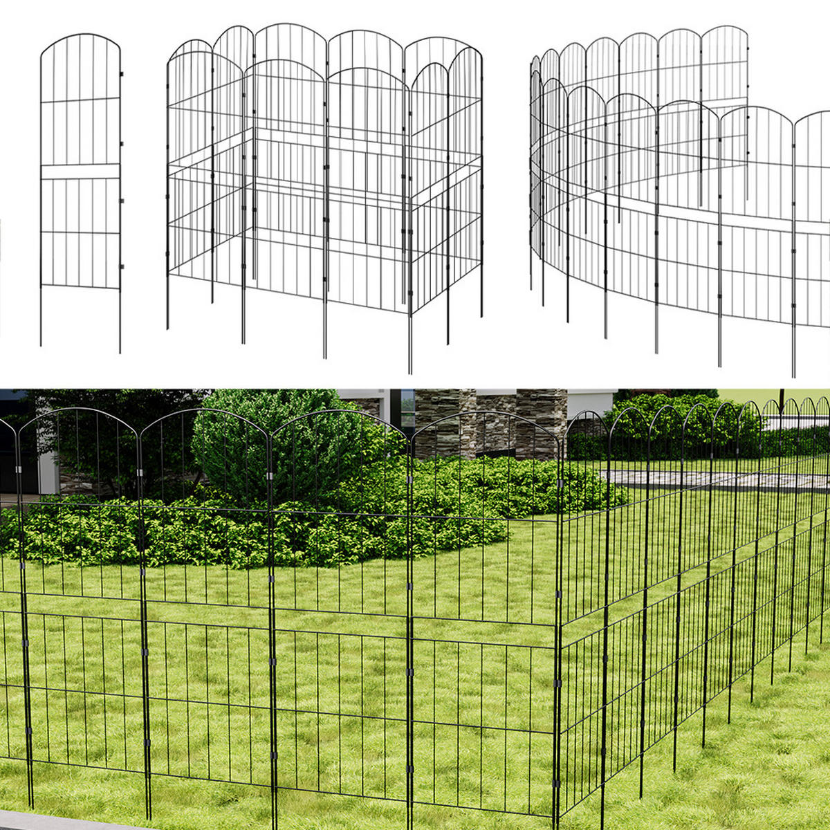 GARTENZAUN 10 Stück aus Metall in Schwarz Abnehmbares Design Robuste Metallkonstruktion je Paneel: 31 cm B × 96 cm H - Schwarz, Metall (31cm) - Livingandhome