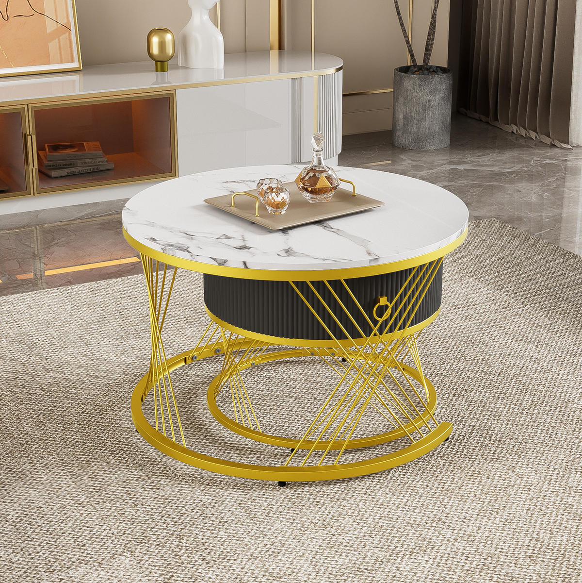 COUCHTISCH 2er-Set ineinander verschachtelbar Marmoroptik Weiß Gold - Weiß, Metall (70/70/45cm) - Meubliv
