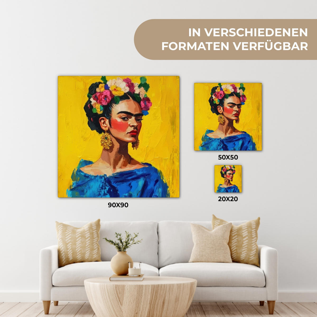 LEINWANDBILD Frida Kahlo - Frau - Gelb - Blau - Blumen 90x90 cm - Gelb, Textil (90/90cm) - MuchoWow