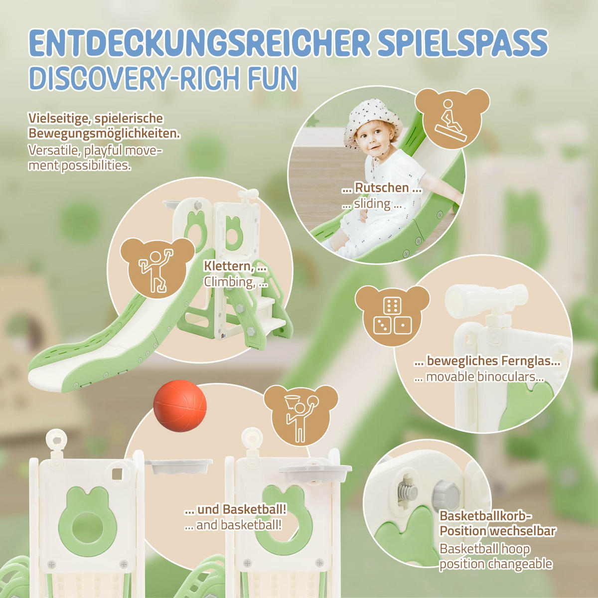 KINDERRUTSCHE Weiß-Grün aus Kunststoff - Grün, Kunststoff (91/90/162cm) - Joyz