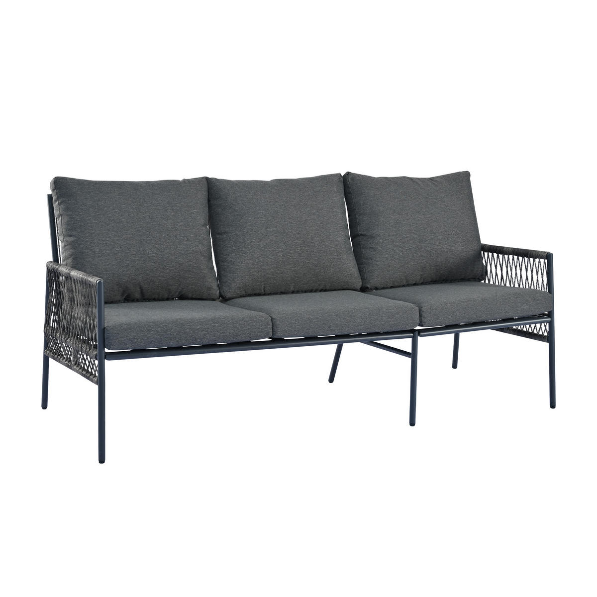 GARTENMÖBELSET aus Rattan 173x54.5x77cm schwarz mit Couchtisch aus gehärtetem Glas - Grau, Metall - Modfu